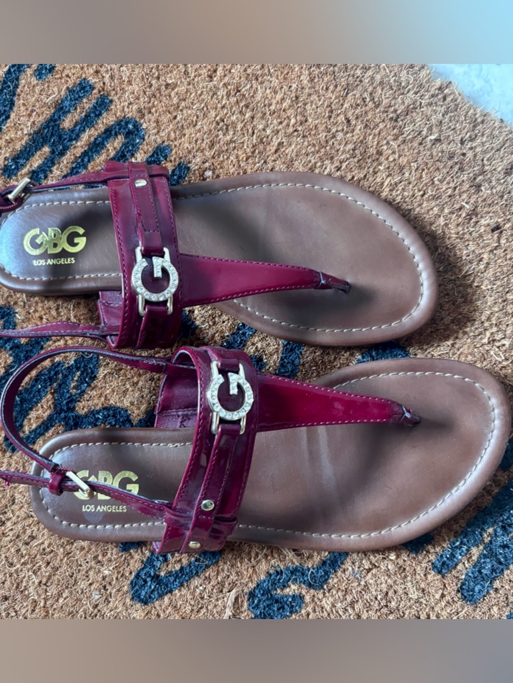 GBG Los Angeles Women's Wine Burgundy T-Strap Sandals